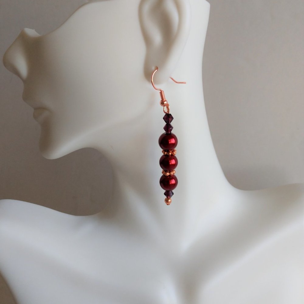 Red Faux Pearl Earrings On Copper Plated Brass Fishhooks Handmade 2.375 inches - Picture 8 of 16